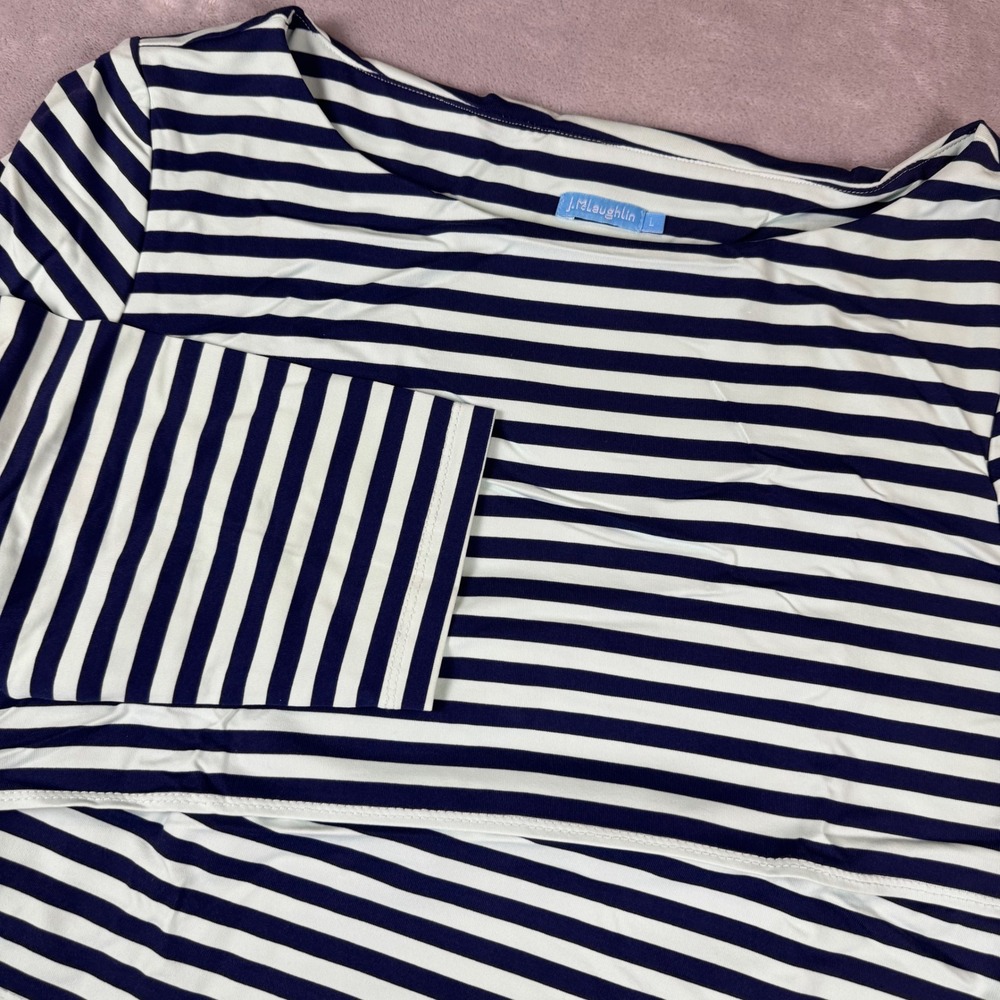 J.McLaughlin NICOLA Navy White Striped Sheath Dress 3/4 Sleeve Boat Neck Size L
